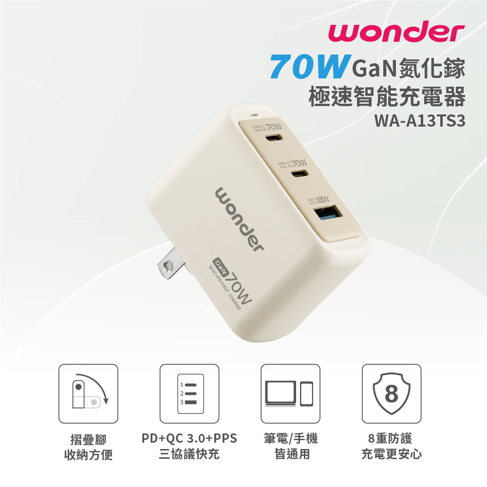 70W GaN氮化鎵極速智能充電器(WA-A13TS3)