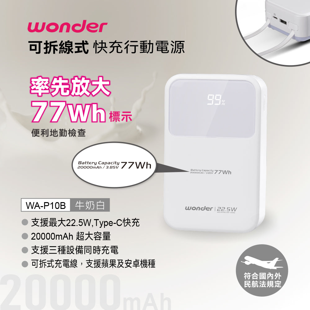 可拆線式快充行動電源(20000mAh)-白(WA-P10B)