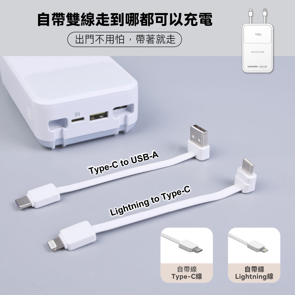 可拆線式快充行動電源(20000mAh)-白(WA-P10B)