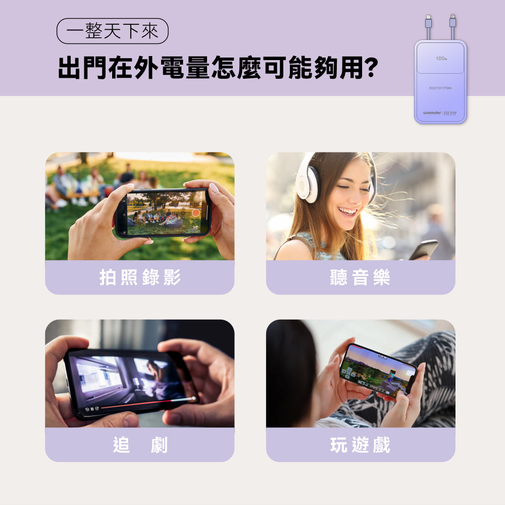 可拆線式快充行動電源(20000mAh)-紫(WA-P17B)