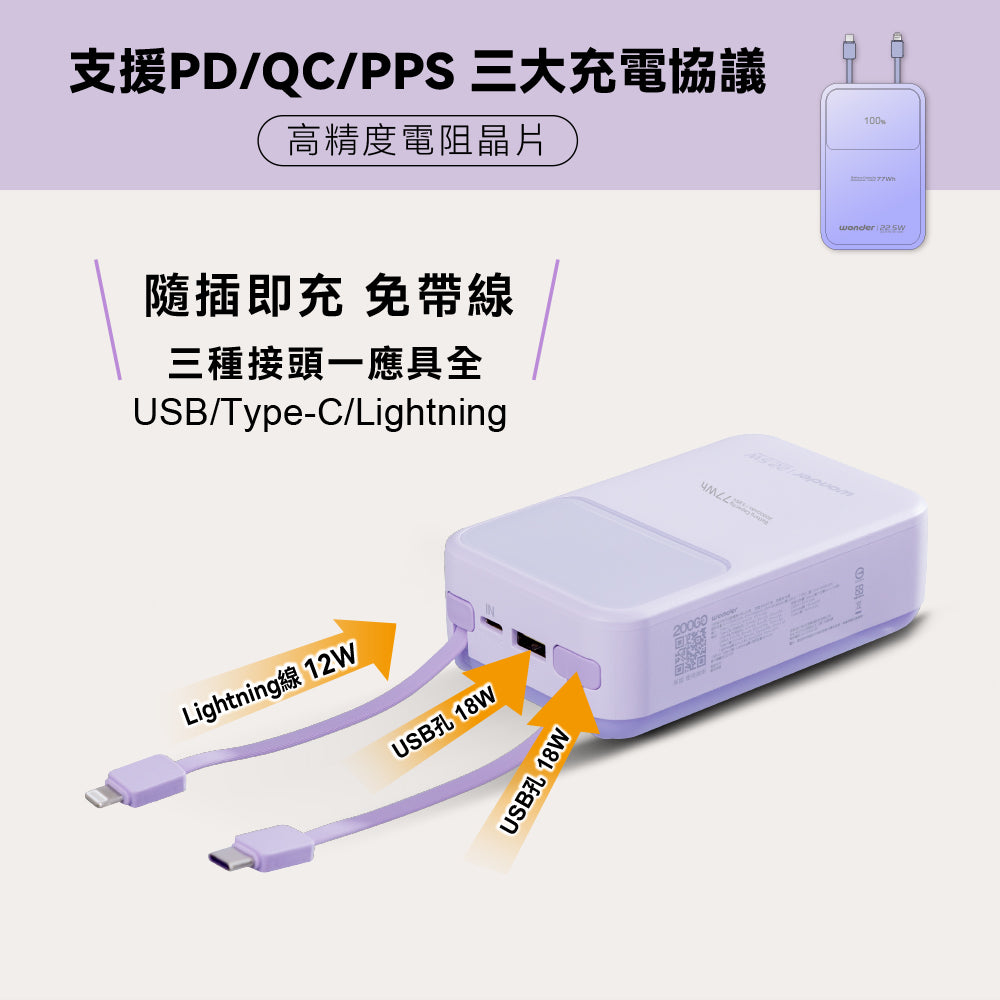 可拆線式快充行動電源(20000mAh)-紫(WA-P17B)