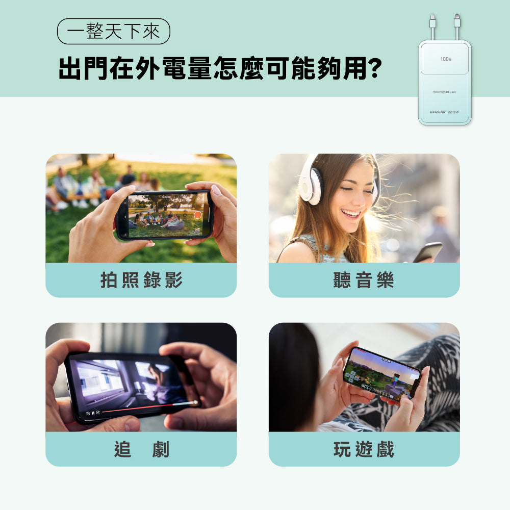 可拆線式快充行動電源(10000mAh)-綠(WA-P19A)