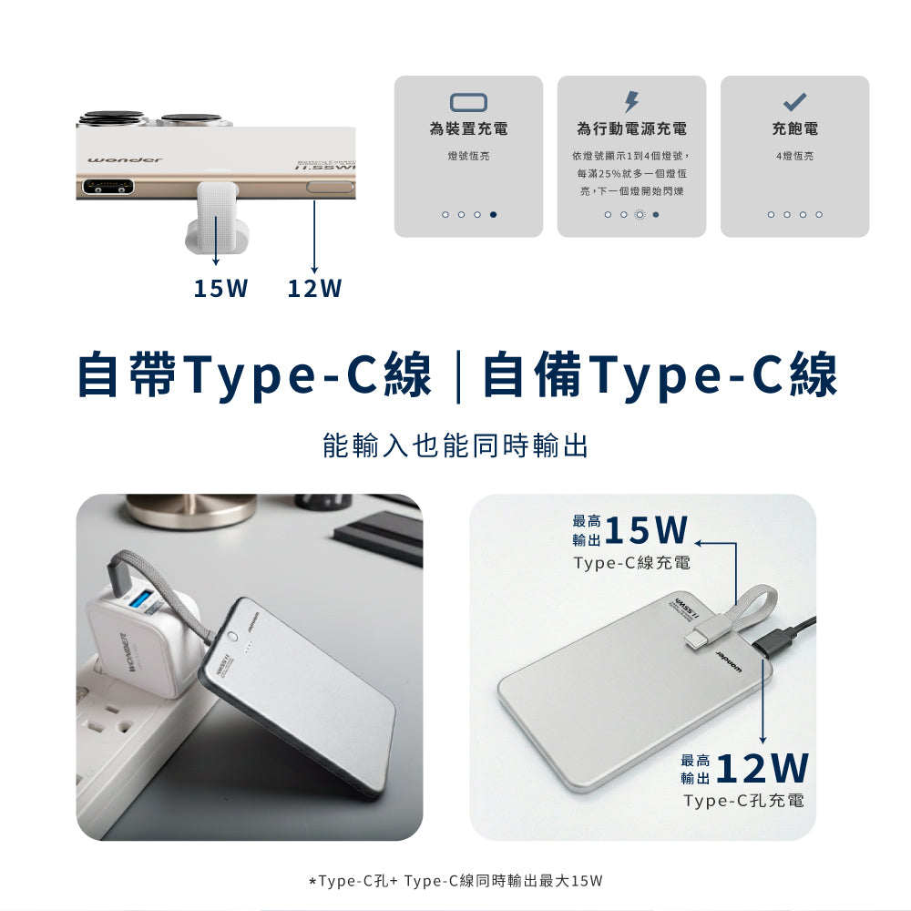 自帶線極薄磁吸行動電源3000鐵灰(WA-P383)