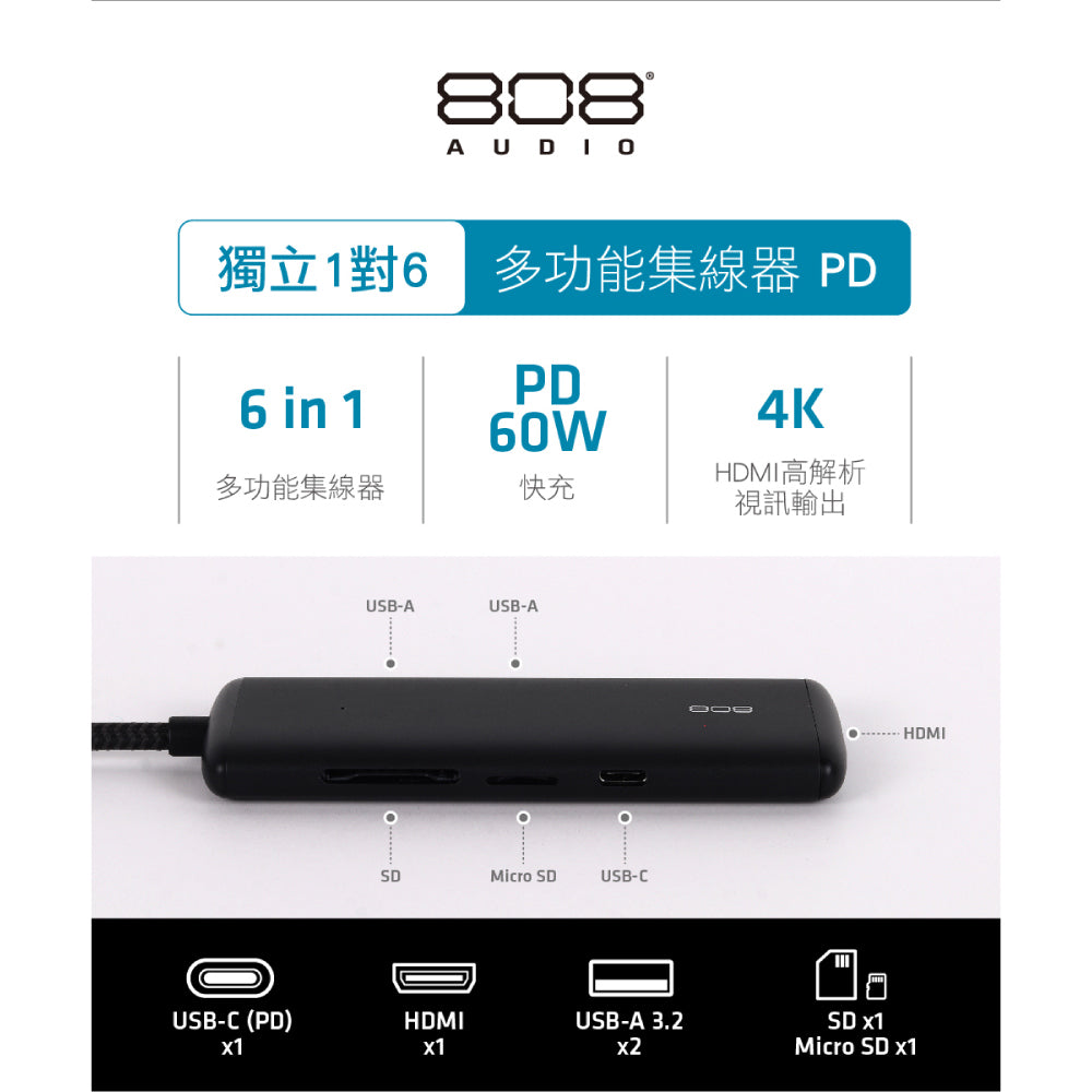 Uptown TypeC HUB六合一轉接器 PD/HDMI/USB3.(ACPHC7010100BK-GL)