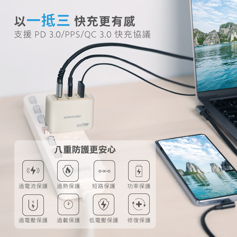 70W GaN氮化鎵極速智能充電器(WA-A13TS3)