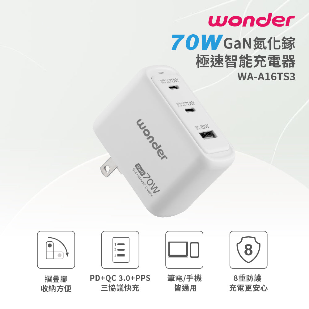70W GaN氮化鎵極速智能充電器(WA-A16TS3)