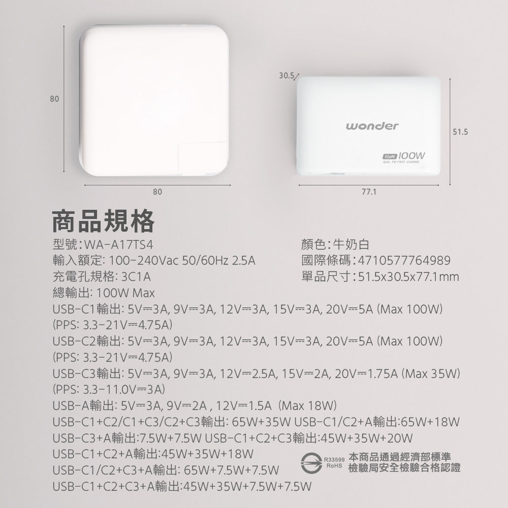 100W GaN氮化鎵極速智能充電器(WA-A17TS4)