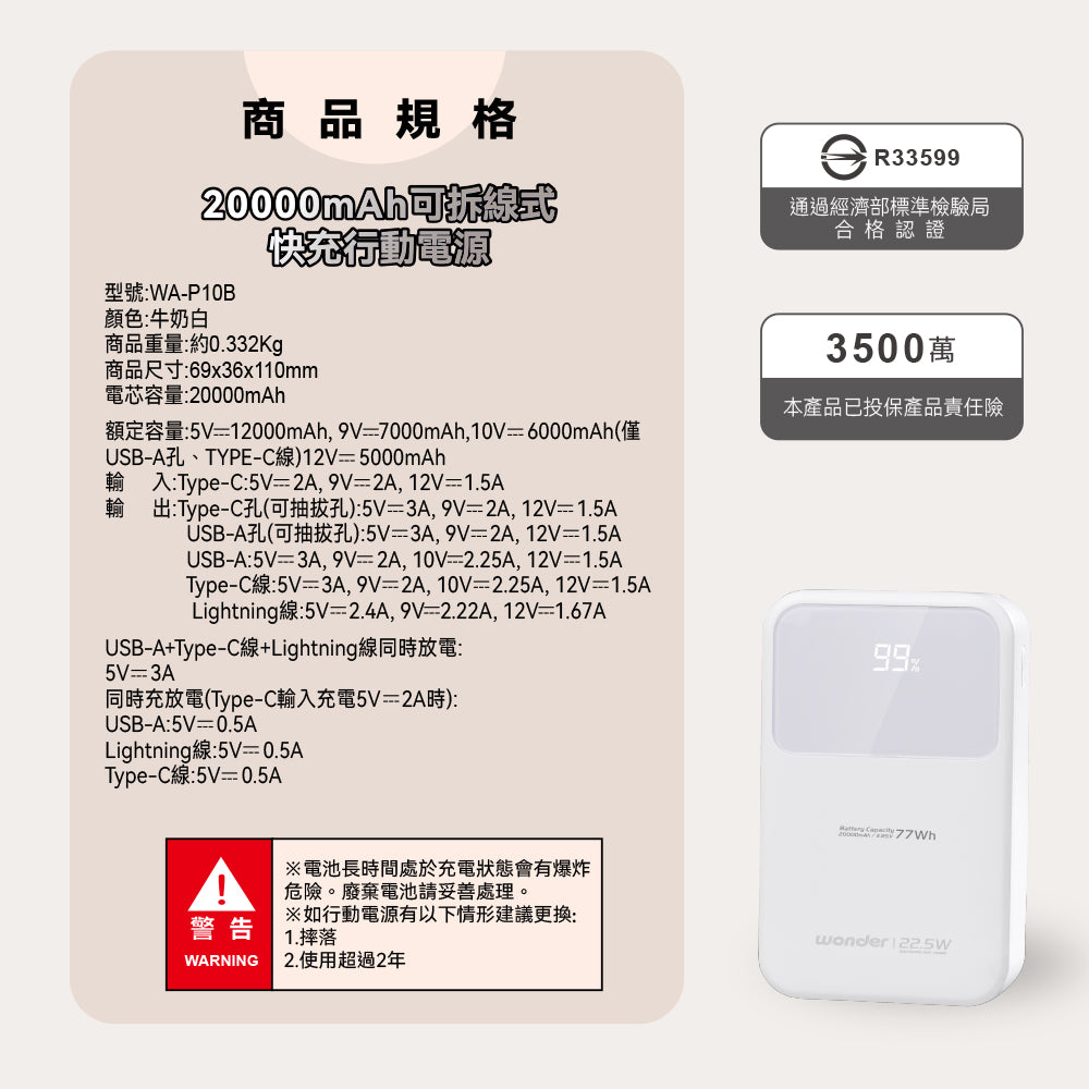 可拆線式快充行動電源(20000mAh)-白(WA-P10B)