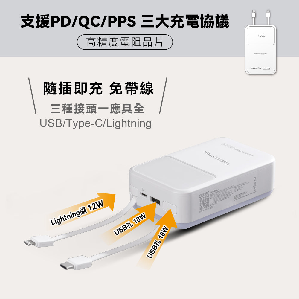 可拆線式快充行動電源(20000mAh)-白(WA-P10B)