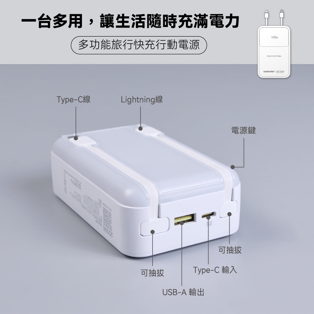 可拆線式快充行動電源(20000mAh)-白(WA-P10B)