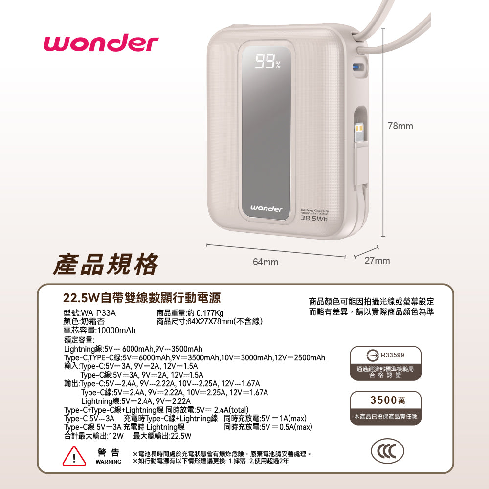 22.5W自帶雙線數顯行動電源10000(WA-P33A)