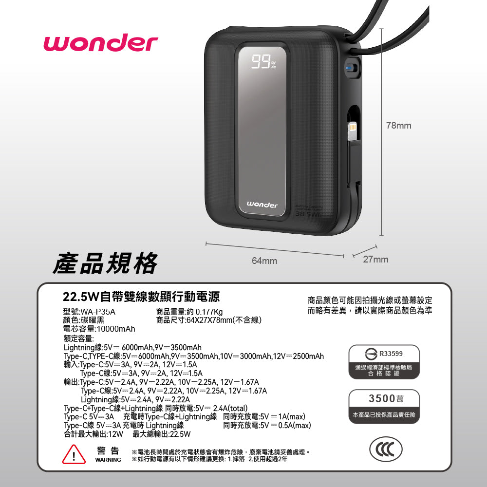 22.5W自帶雙線數顯行動電源10000(WA-P35A)