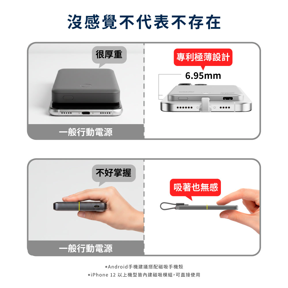 自帶線極薄磁吸行動電源5000銀色(WA-P375)