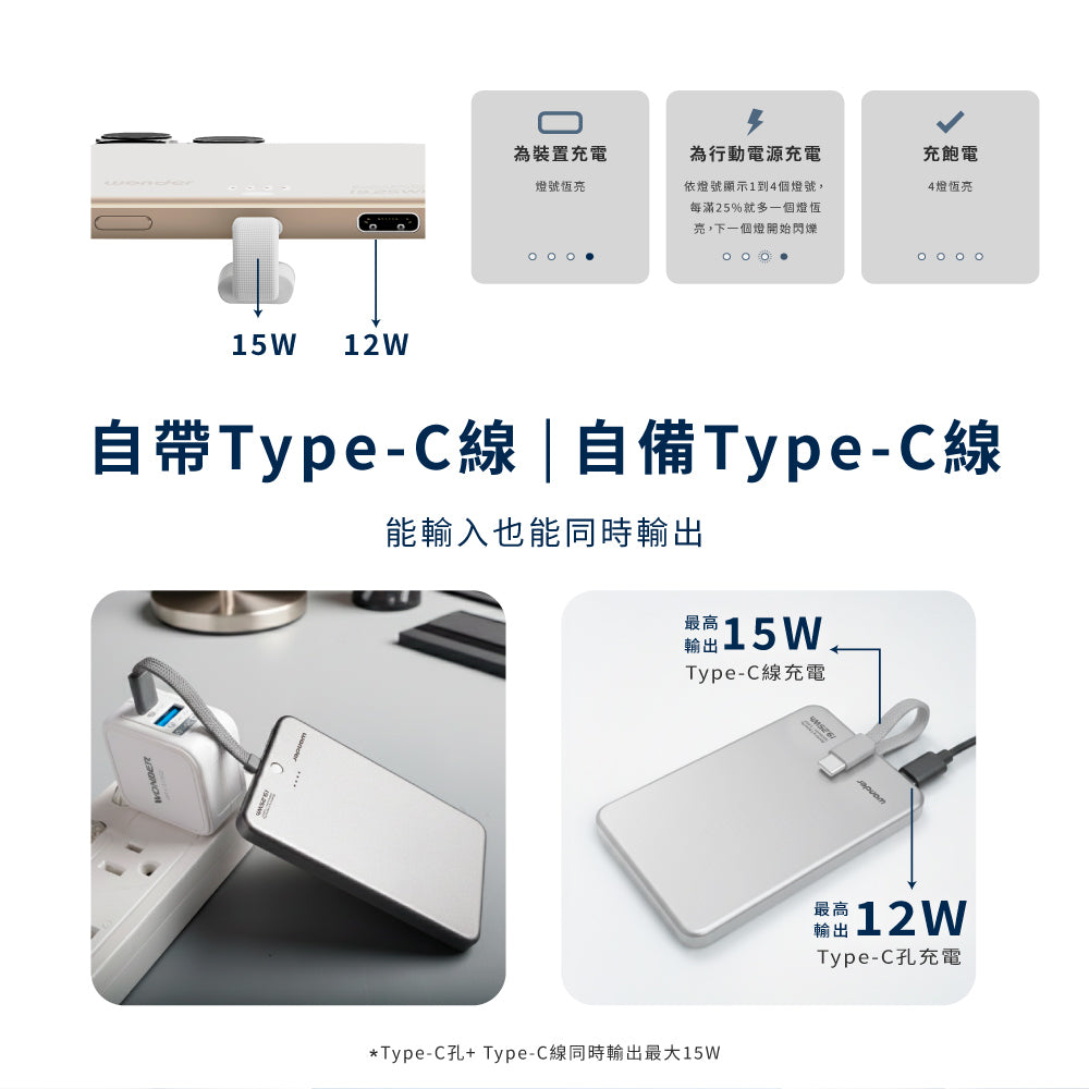 自帶線極薄磁吸行動電源5000銀色(WA-P375)