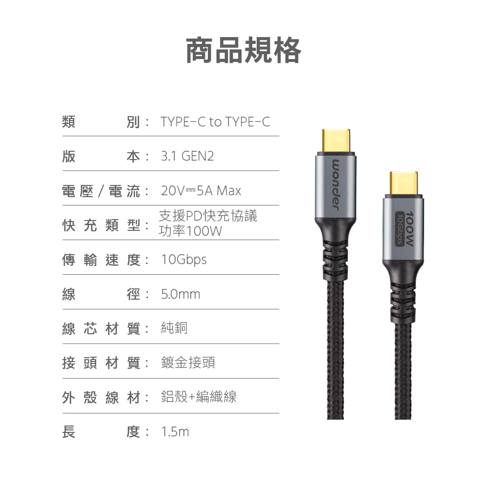 100W 快充鋁殼編織數據線 1.5M(WA-W23UC)