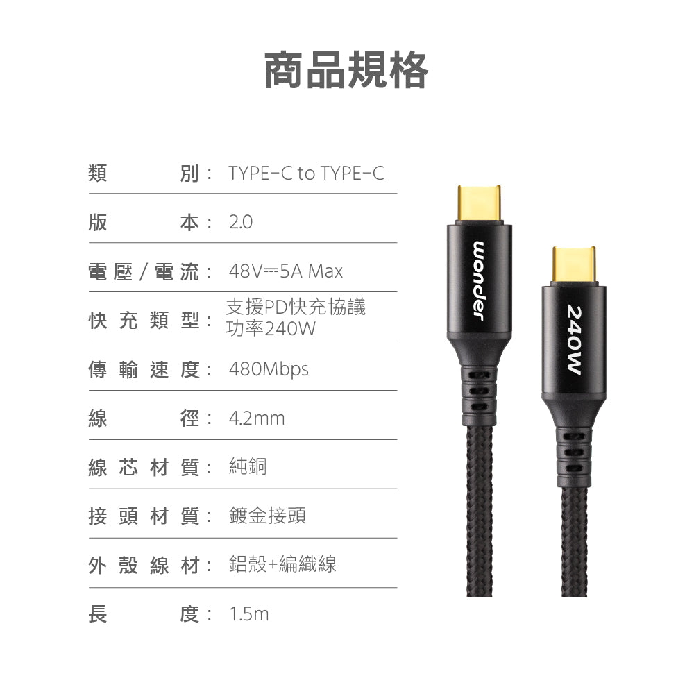 240W 快充鋁殼編織數據線 1.5M(WA-W26UC)